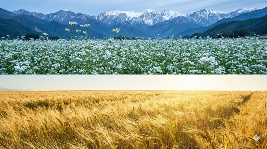 上下分割の風景写真。上半分は雪が残る山間部で咲く白い蕎麦の花畑。下半分は日差しが降り注ぐ平野で風に揺れる黄金色の小麦畑。