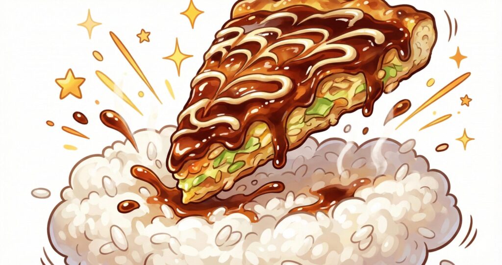 ソースたっぷりの好み焼きが、白米のベッドの上でワンバウンドしているイラスト。
