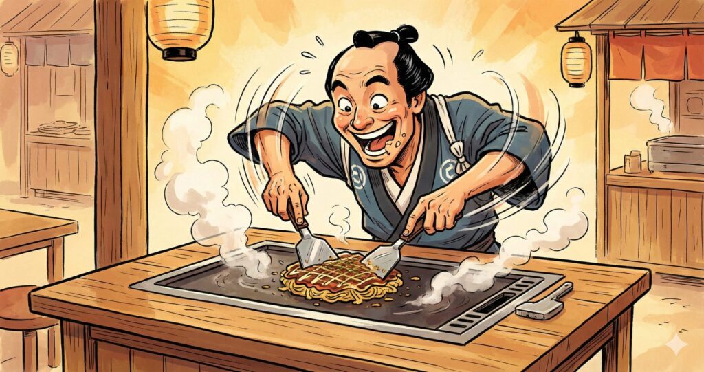 鉄板から直接、猛スピードでお好み焼きを食べる江戸時代の大阪商人。