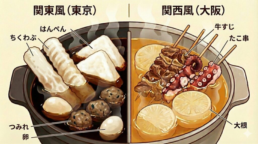 関東風の濃い出汁とちくわぶ、関西風の透き通った出汁と牛すじのおでん比較図