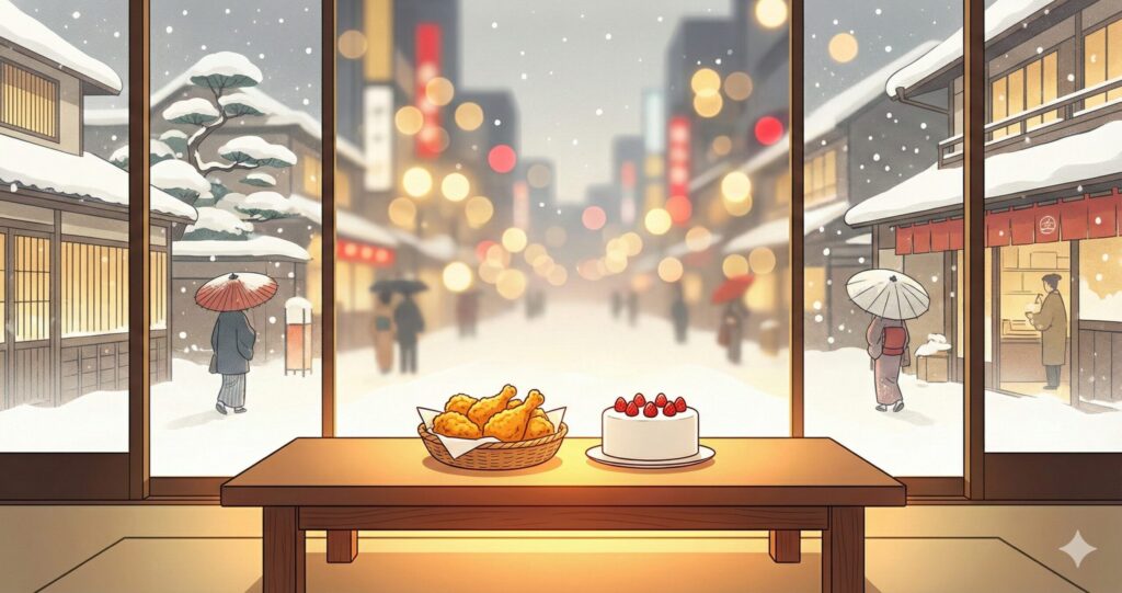 雪の降る日本の夜、窓辺のテーブルに置かれたフライドチキンとケーキ。