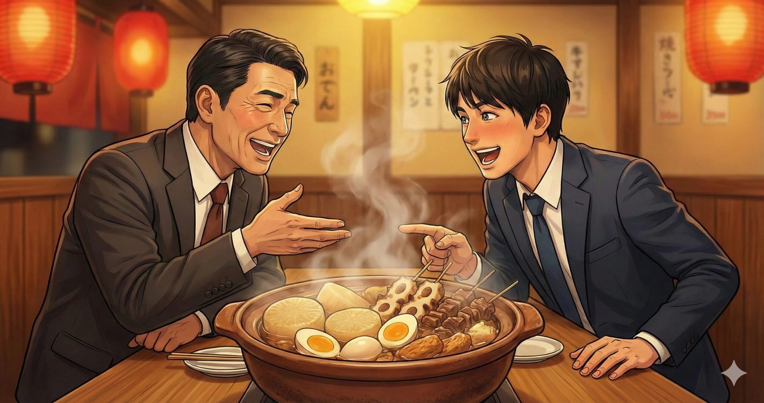 居酒屋で湯気の立つおでん鍋を囲み、具材について熱く楽しそうに議論するスーツ姿の男性たち