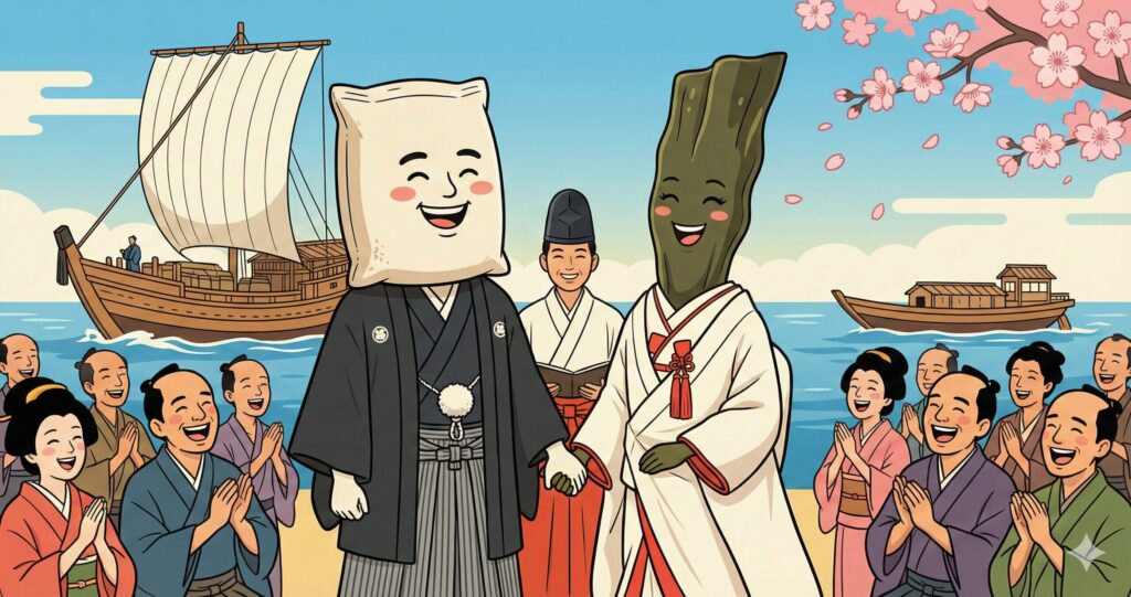 江戸時代の大阪で、小麦粉の袋と昆布が結婚式を挙げているユーモラスな浮世絵風イラスト。