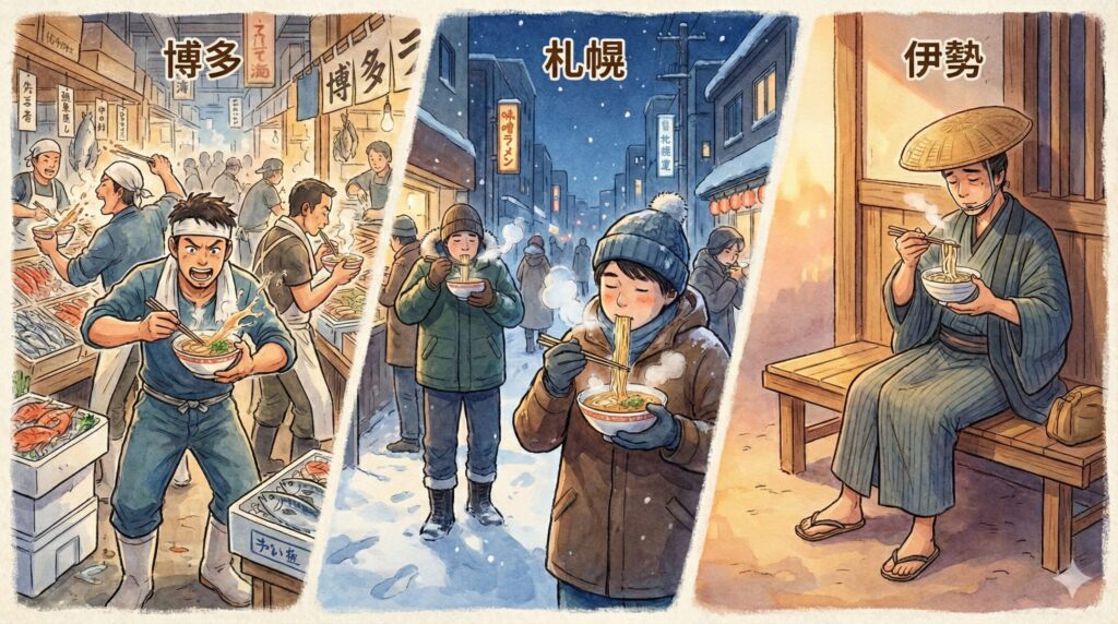左は博多の魚市場で急いでラーメンを食べる男たち、中央は札幌の雪の中で熱々のラーメンを食べる人々、右は伊勢の縁台でうどんを食べて休む旅人。