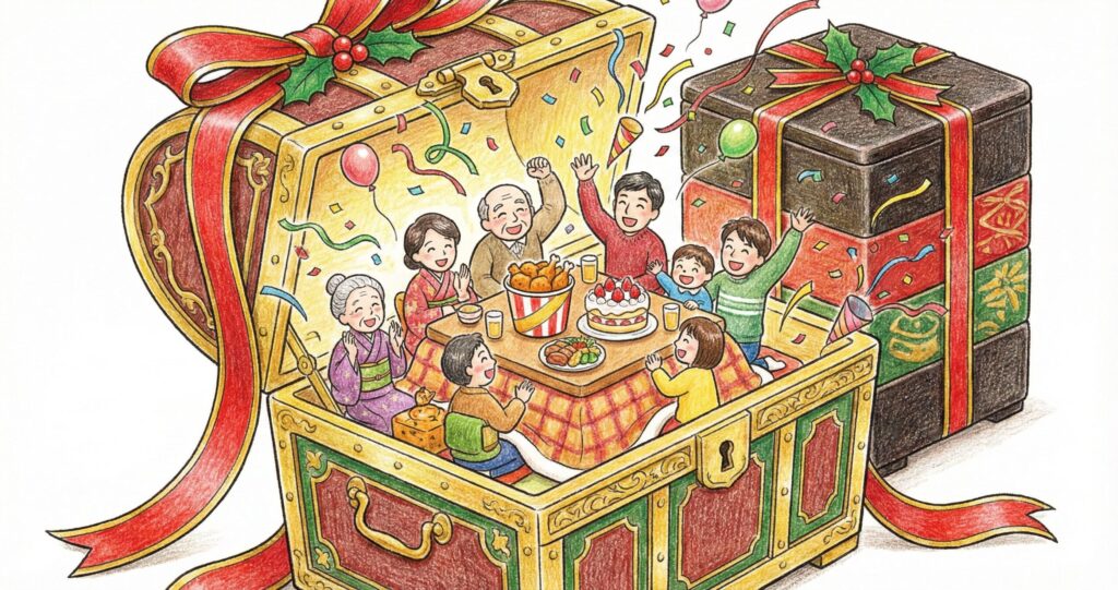 クリスマス風の豪華な箱を開けると、中からこたつでフライドチキンを楽しむ日本の家族の賑やかな様子が飛び出しているコミカルなイラスト。