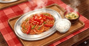 喫茶店のテーブルに置かれた、銀皿のナポリタンと白いご飯、味噌汁の定食セット。