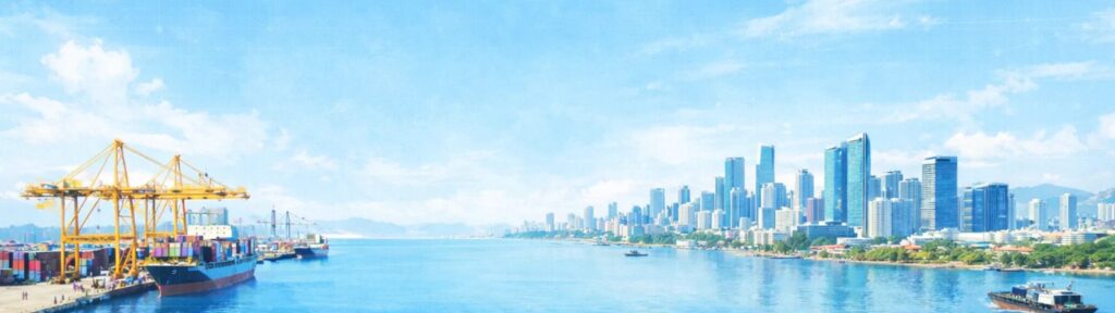 港湾とコンテナ船、近代的な都市景観を描いた爽やかな青の水彩イラスト横長バナー