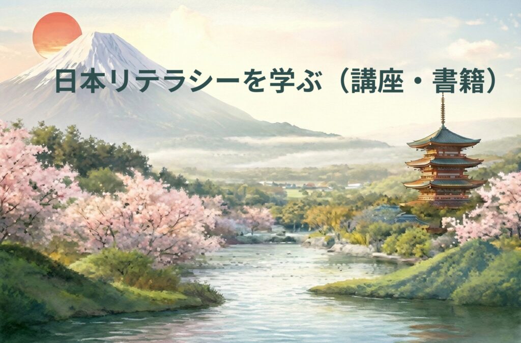 富士山と桜と寺院の風景イラスト（日本リテラシー）