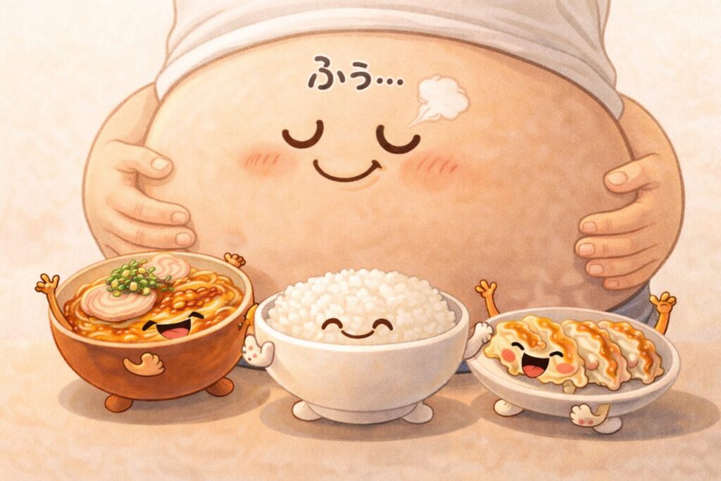 満足そうな人間のお腹を中心に、ラーメン、白飯、餃子が並び、みんなで腹を満たしている様子を描いたコミカルなイラスト