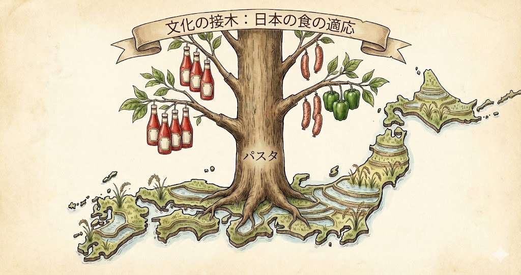 パスタの木にケチャップやピーマンが実っている、接ぎ木をモチーフにした植物画風のイラスト。